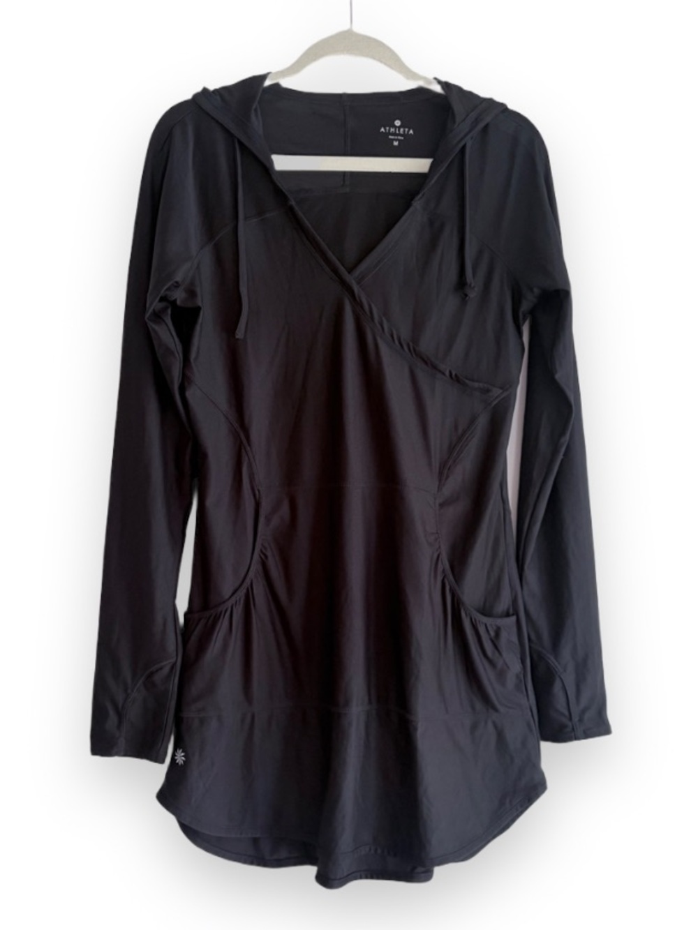 Athleta Black Lightweight V Neck Hoodie Dress Size M